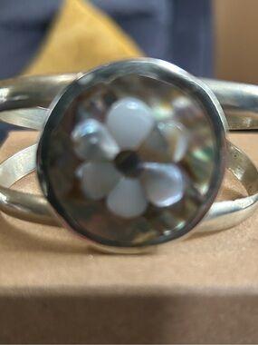 Silver Toned Mother-of-Pearl Floral Cuff Bracelet - White Accent